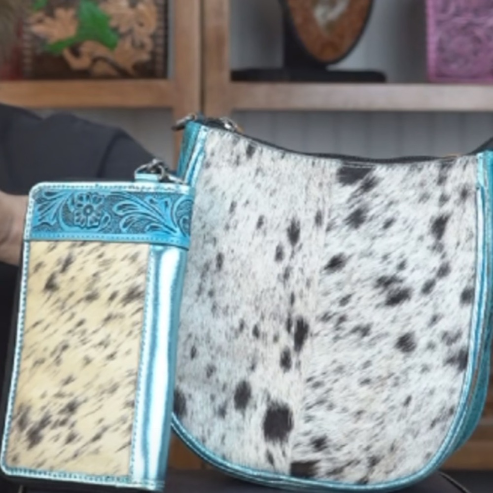 New Blue Shimmer Trim leather Cowhide Crossbody Bag - Western Linen